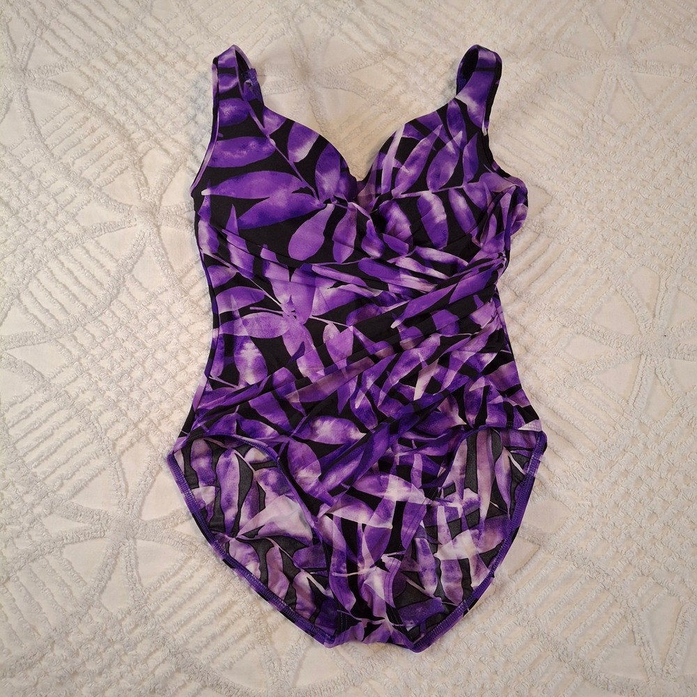 Miraclesuit Size 16 Peregrina Tummy Control One Piece Swimsuit Purple Black Leaf